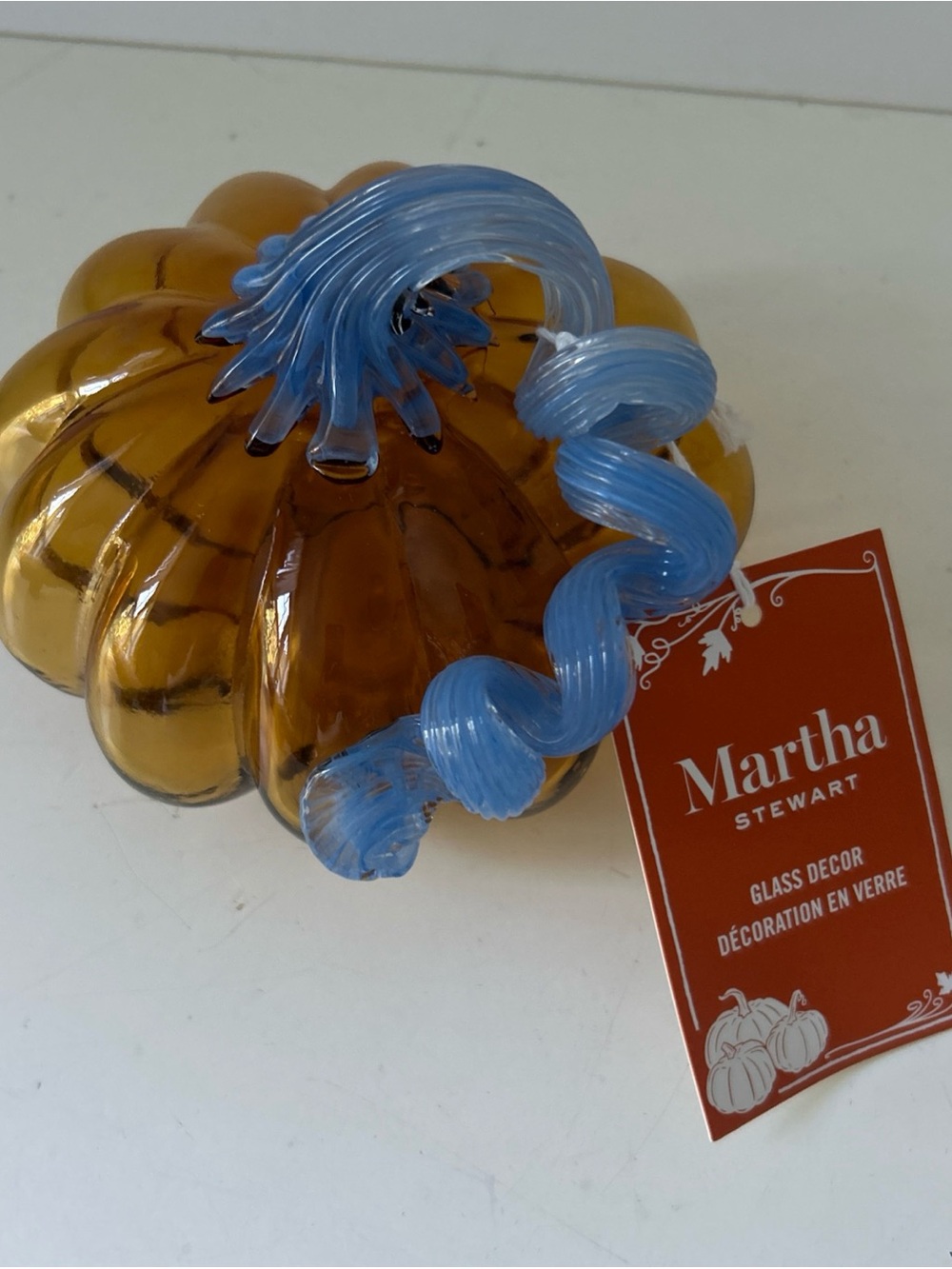 Martha Stewart Amber Glass Pumpkin with Blue Stem Decorative NEW - Picture 12 of 13
